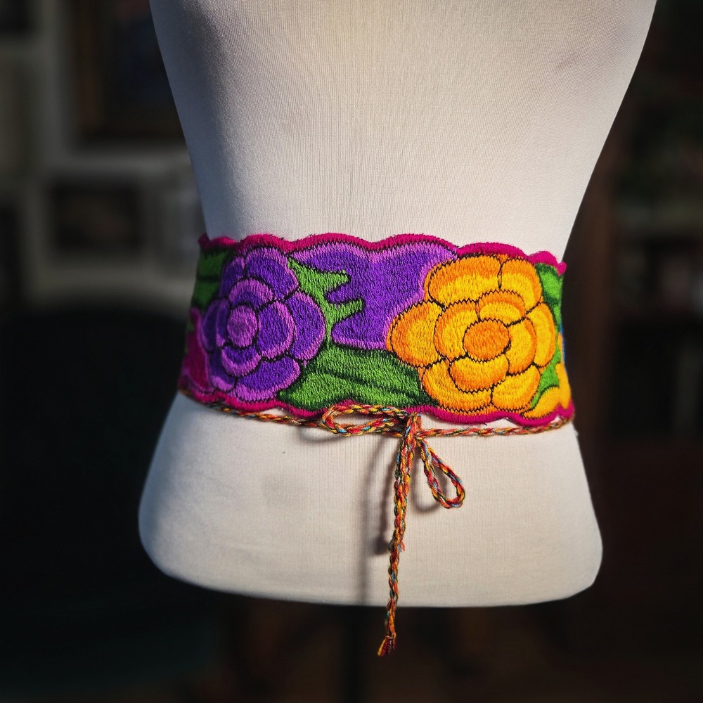 Mexican Belt Embroidered Floral Woven Sash Boho Folk Art Multi Color Waist Band